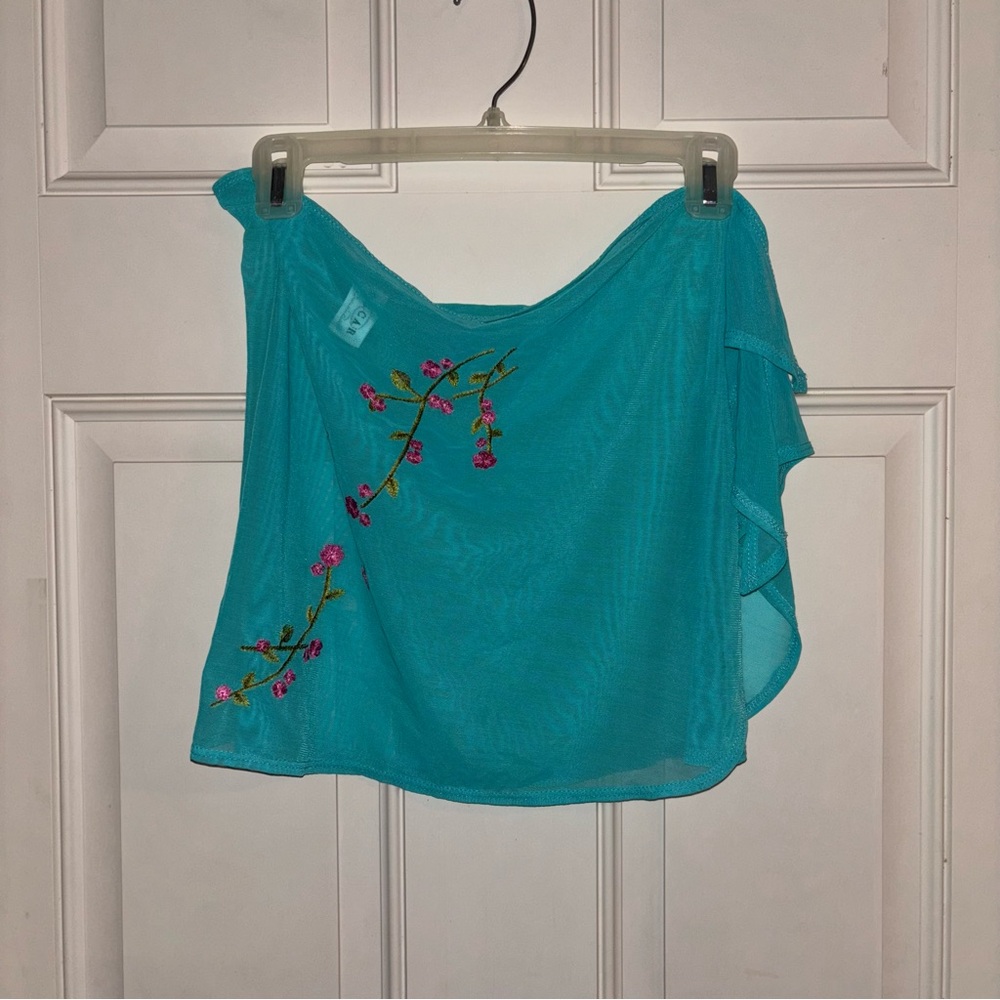 Vintage Oscar Turquoise Sheer Mesh Floral
Embroidered Tie Wrap Skirt